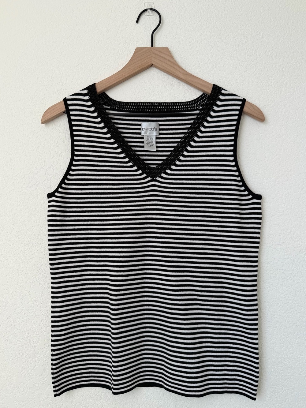 Chico's Black Striped V-Neck Knit Tank Silk Blend Top Size 1